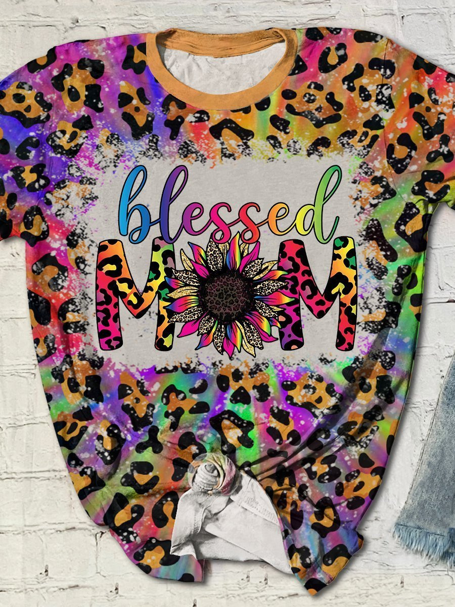 Blessed Mom Leopard T-Shirt – Flower Bleached Color 3D Hoodies T-Shirt Long Sleeve Christmas Gifts For Men Women Friends