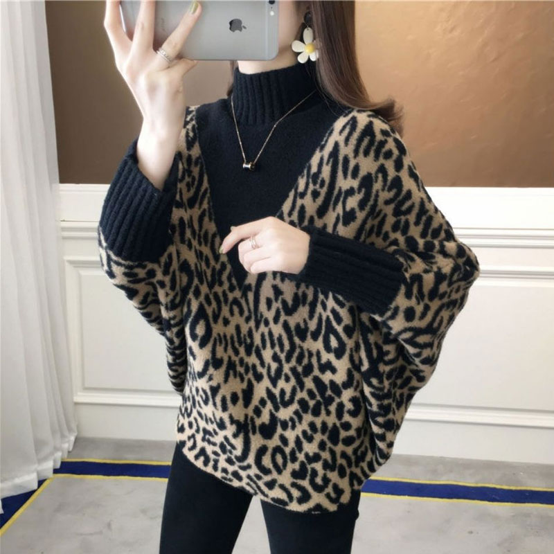 Women’s Clothing Batwing Sleeve Leopard Sweaters Autumn Winter New Thick Half High Collar Spliced Loose Knitted Jumpers Female alx