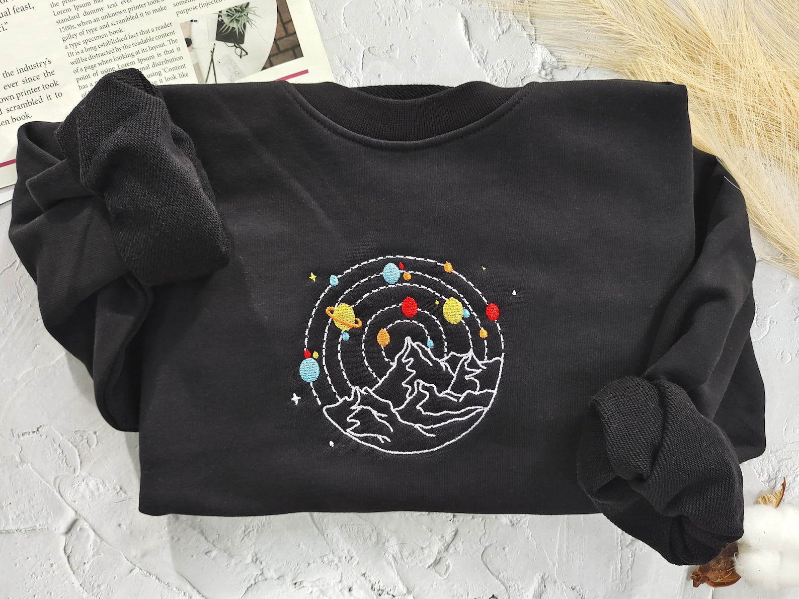 Planets And Mountain Embroidered Sweatshirt 2D Crewneck Sweatshirt All Over Print Sweatshirt For Women Sweatshirt For Men Sws2844