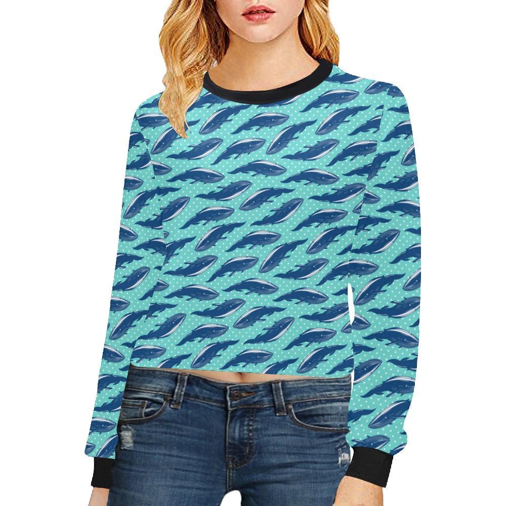 Whale Polka Dot Design Themed Print Cropped Pullover Sweatshirt