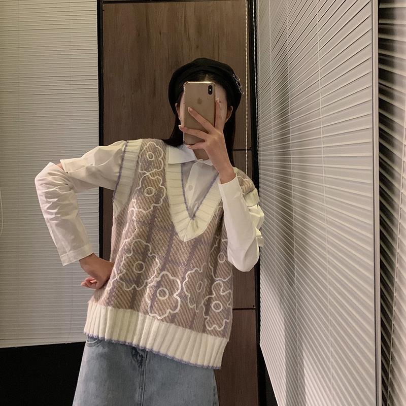 Women Sweater Vests Purple Floral Jacquard V-neck Vintage Loose Tops All-match Students Sweet Knitted Jumper Korean Fashion Soft alx