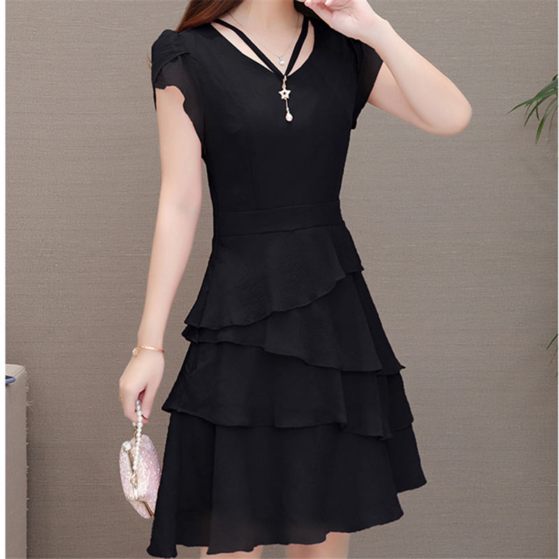 Summer Chiffon Dress Women V-Neck Solid Short Dresses Sweet Ruffle Sleeeve Slim New Casual layered Women Dress 3XL Large Size alx