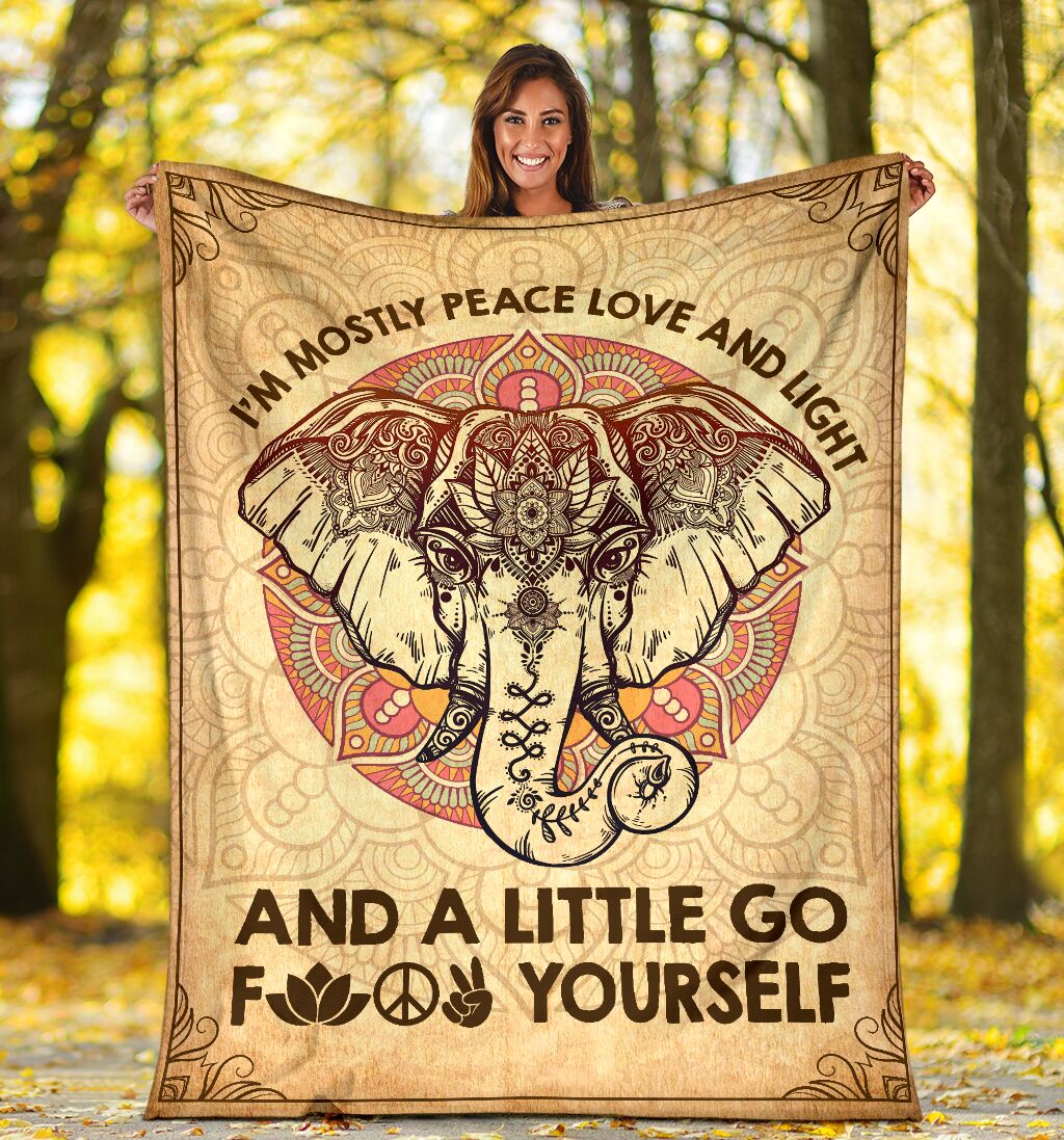 I Am Mostly Peace Love And Light Elephant Yoga Fleece Blanket Gift For Elephant Lover Elephant Yoga Mandala Blanket