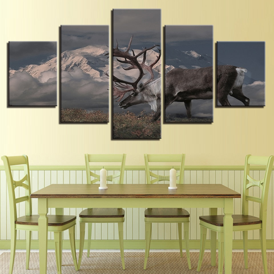 Snow Capped Mountains Deer 5 Piece Hd Multi Panel Canvas Wall Art Frame