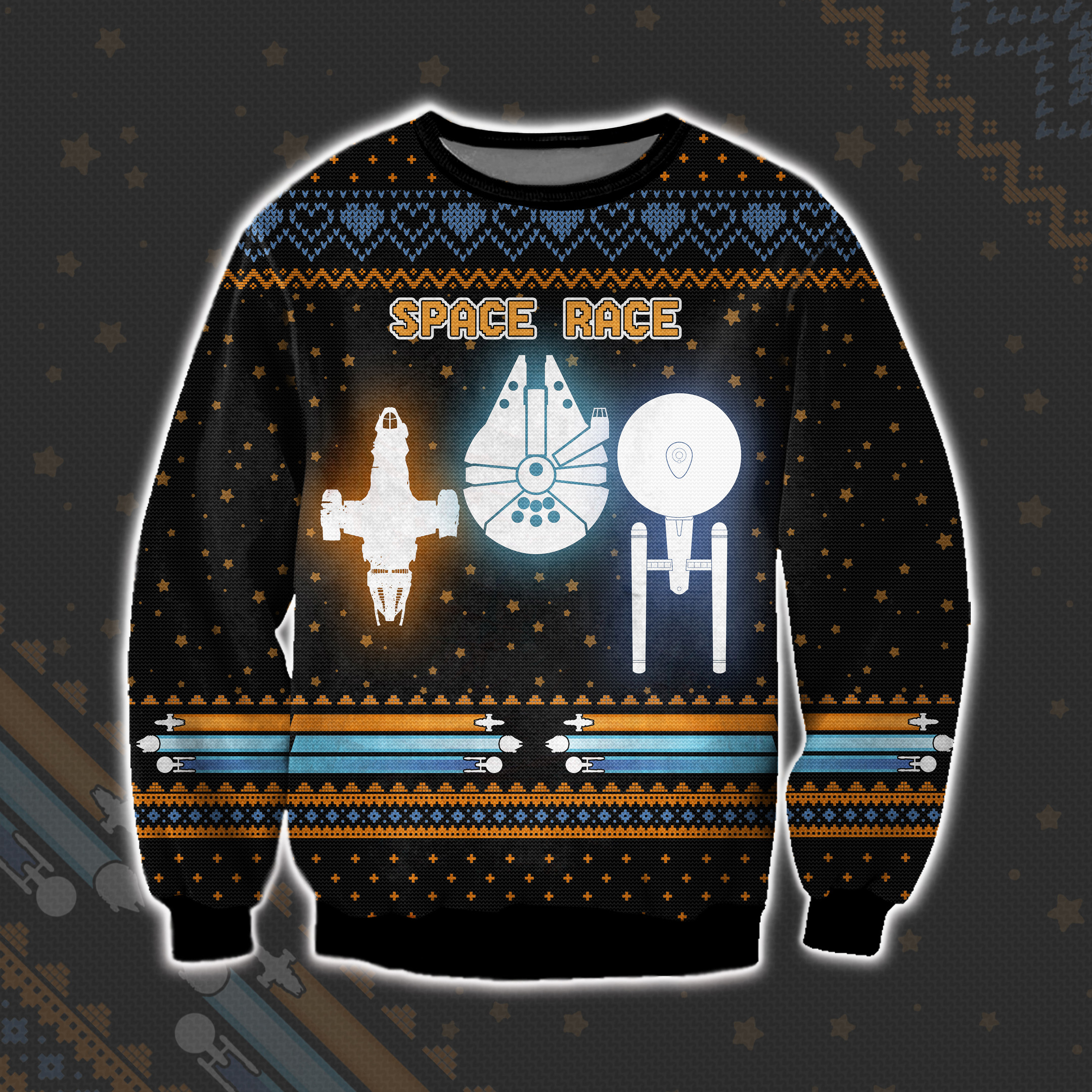 Space Race Serenity, Millennium Falcon And Uss Enterprise Ugly Christmas Sweater