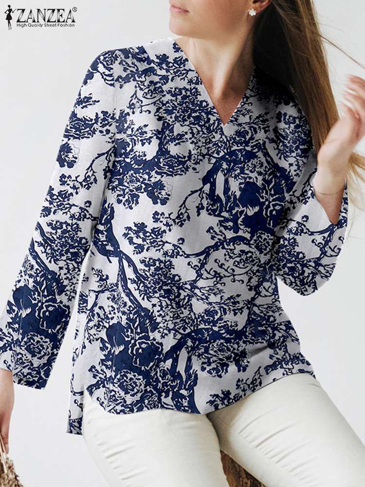 ZANZEA Bohemian Stylish Women’s Blouse Spring Floral Printed Shirt V-Neck Full Sleeve Cotton Tops Elegant Casual Vintage Blouses alx