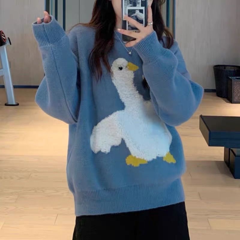 Casual O Neck Knitted Sweater Female Korean version Cartoon Duck Letter Sweater Autumn Winter Long Sleeve Pullover Jumper Women alx