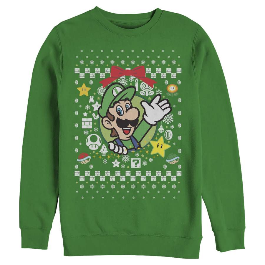 Nintendo Men’s Ugly Christmas Luigi Wreath  Sweatshirt