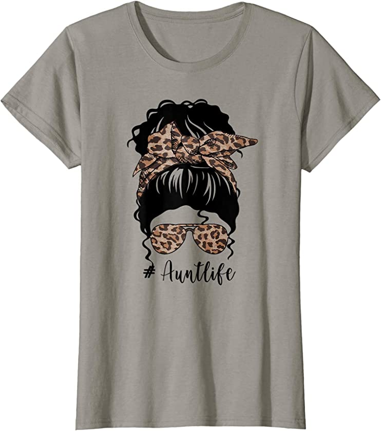 Womens Classy Aunt Life Messy Bun Curly Hair Leopard Mothers Day T-Shirt