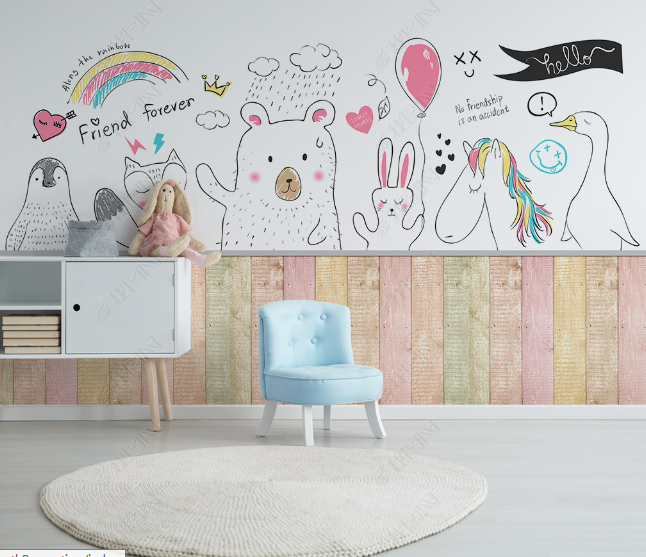 3D Cartoon Cute Animal Rainbow Wall Mural Wallpaper Lqh 3