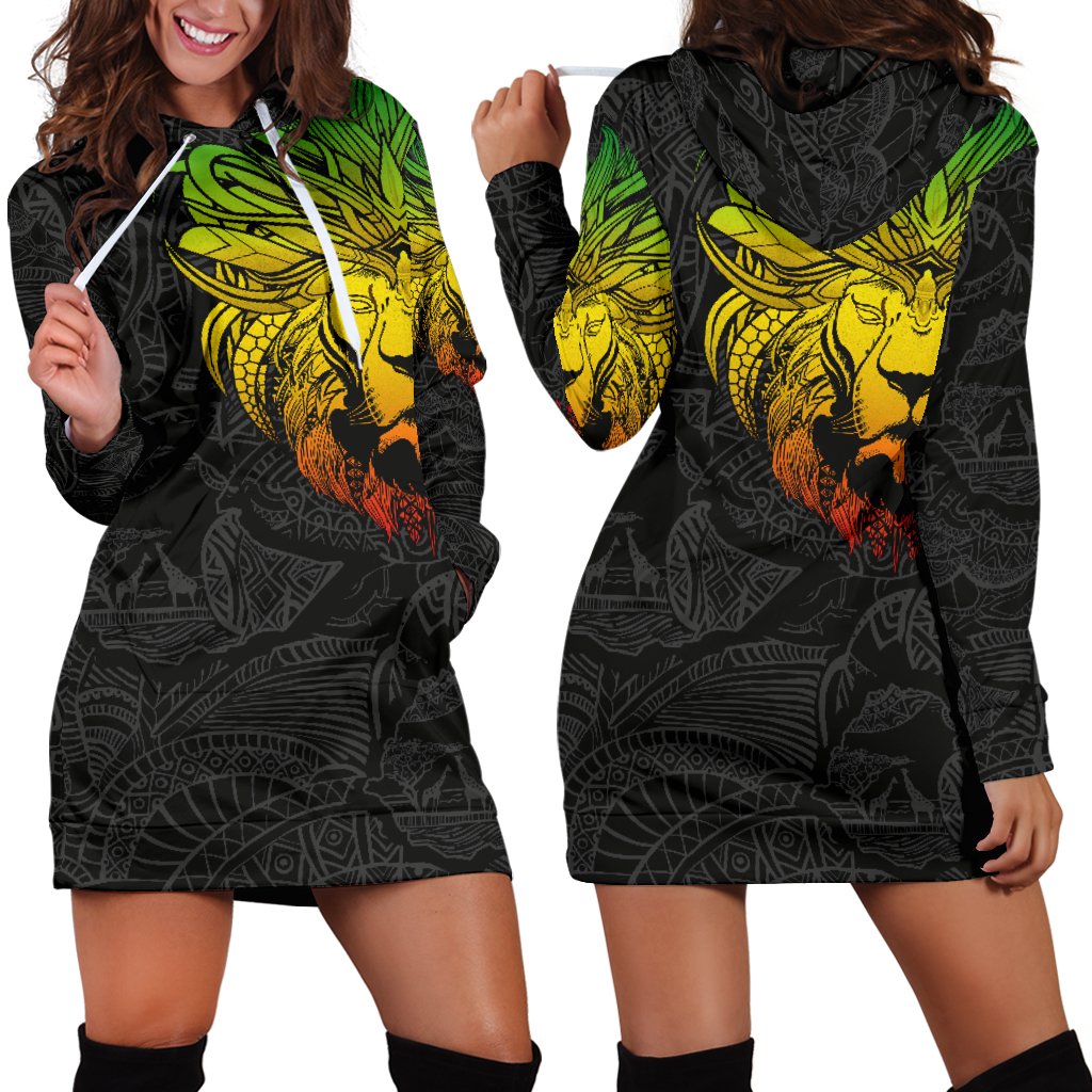 1stTheWorld Ethiopia Hoodie Dress, Ethiopia Lion Pattern Africa Black A10