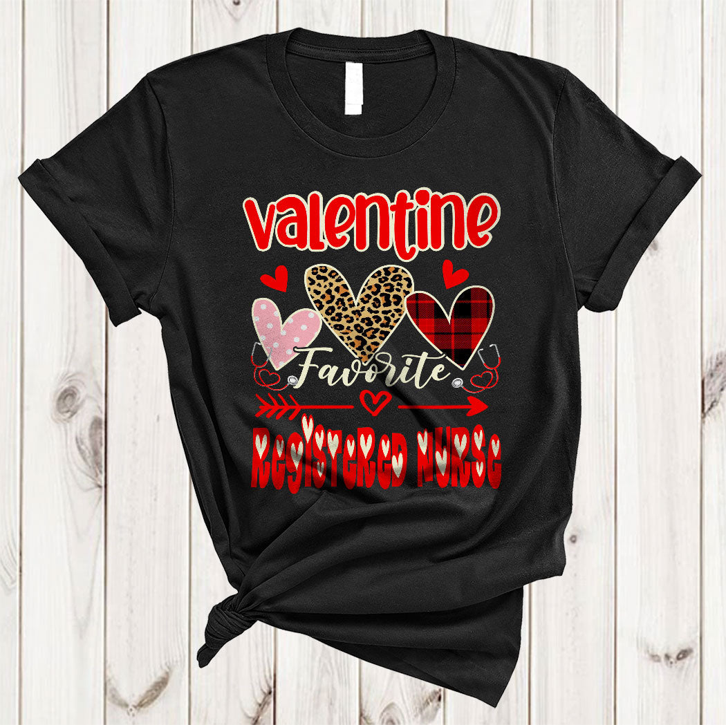 Valentine Favorite Registered Nurse Funny Valentine’S Day Heart Leopard Plaid Nurse Lover T-Shirt