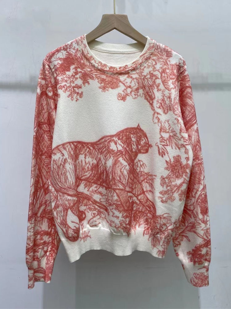 2022 Fall Winter Women Casual Style Animal Pattern Printing Pullover Sweater Classic Crew Neck Knit Tops C-069 alx