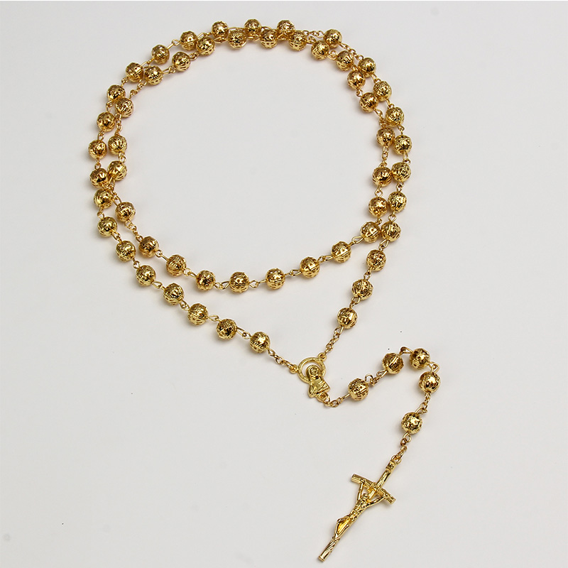 8mm Hollow Golden Catholic Color Rosary Prayer Chain Cross Necklace Long Necklace Necklace Pendant Necklace Men and women alx