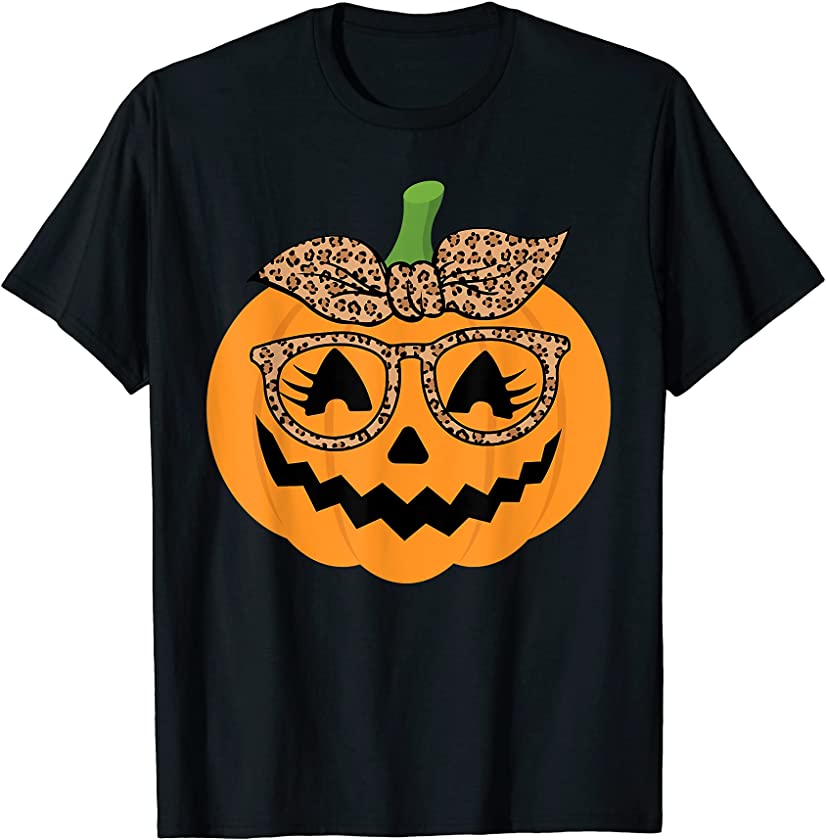 Cute Pumpkin Leopard Glasses and Bandana Halloween Costume T-Shirt