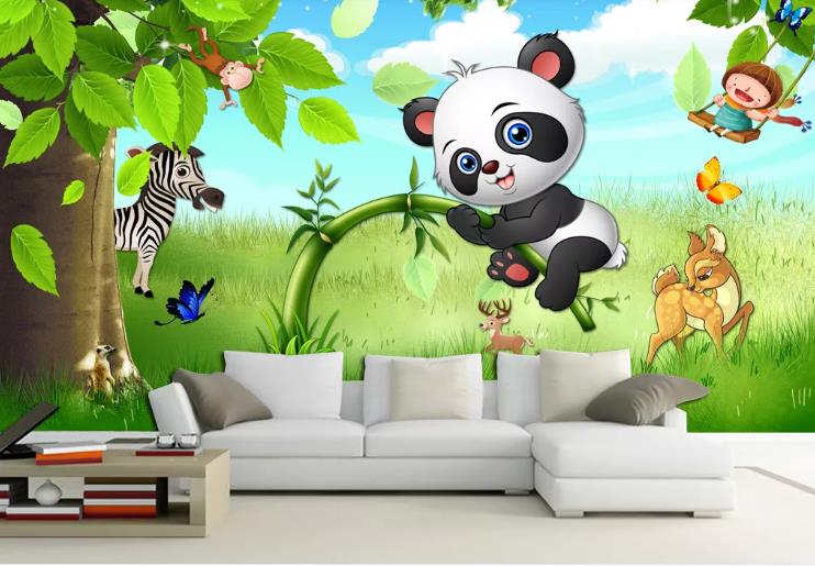 3D Hand Drawn Forest Animal Panda Wall Mural Wallpaper Lqh 331