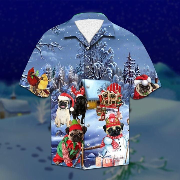 Pug Dog Merry Christmas Print Short Sleeve Hawaii Casual Shirt Ha14690