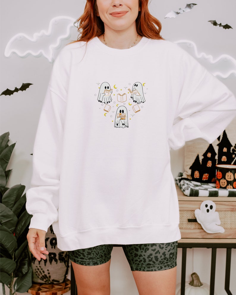 Embroidered Ghost Book Halloween Sweatshirt Crewneck Sweatshirt All Over Print Sweatshirt For Women Sweatshirt For Men Sws2541