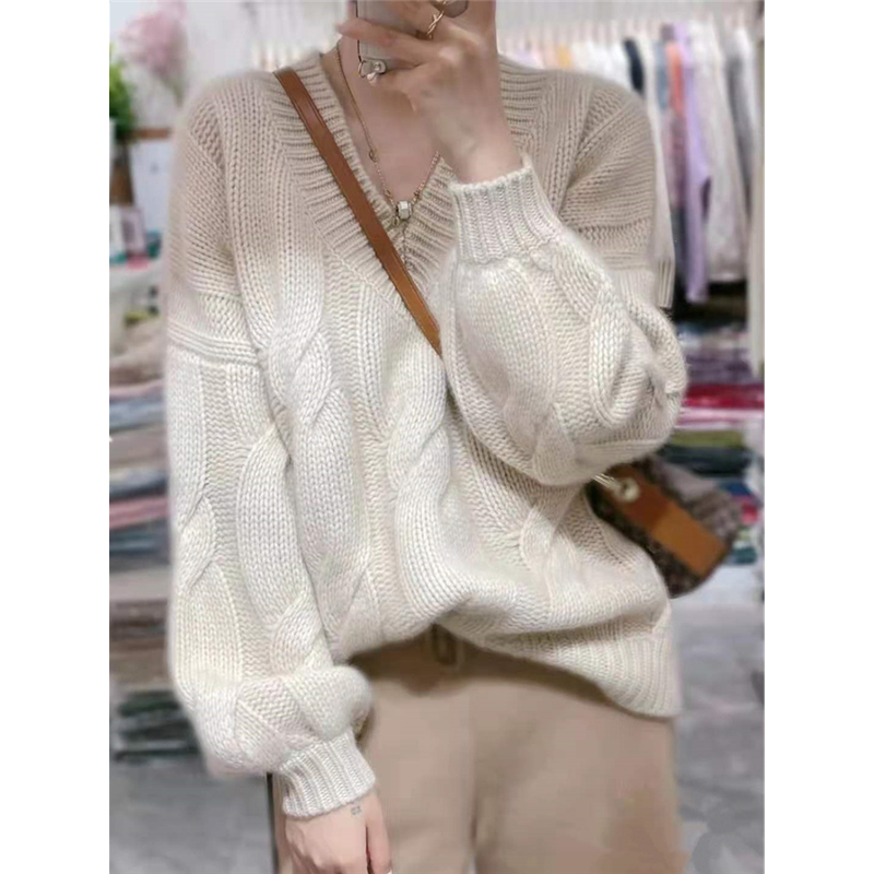 2021 soft and thick cashmere sweater women autumn and Winter Bubble Sleeve v neck loose lazy wind wool knitted sweater foundatio alx