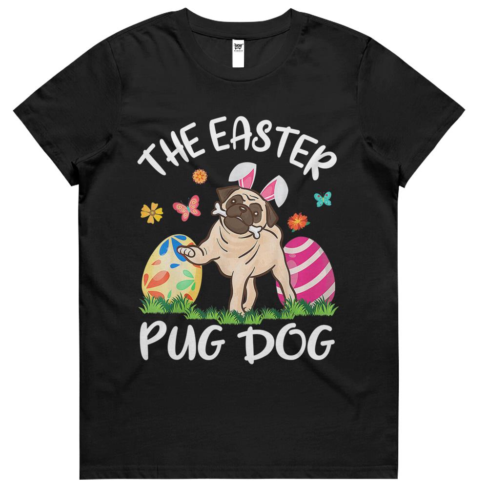 Kids Pug Dog Bunny Dancing Eggs Happy The Easter Pug Dog Womens Tshirts