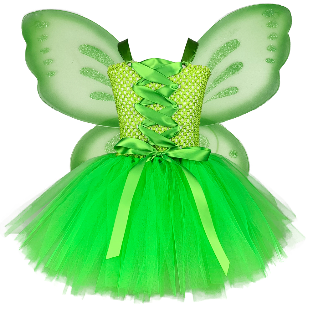 1 Set Kid Tinkerbell Tutu Dress Baby Girls Green Garden Fairy Dress with Fairy Wing Child Birthday Halloween Fairy Costume Outfi alx