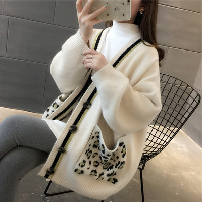 Women V Neck Cardigan Jacket 2020 Autumn Winter Leopard Pocket Loose Knitted Sweater Femme Pink Knitting Coat ropa para mujer alx