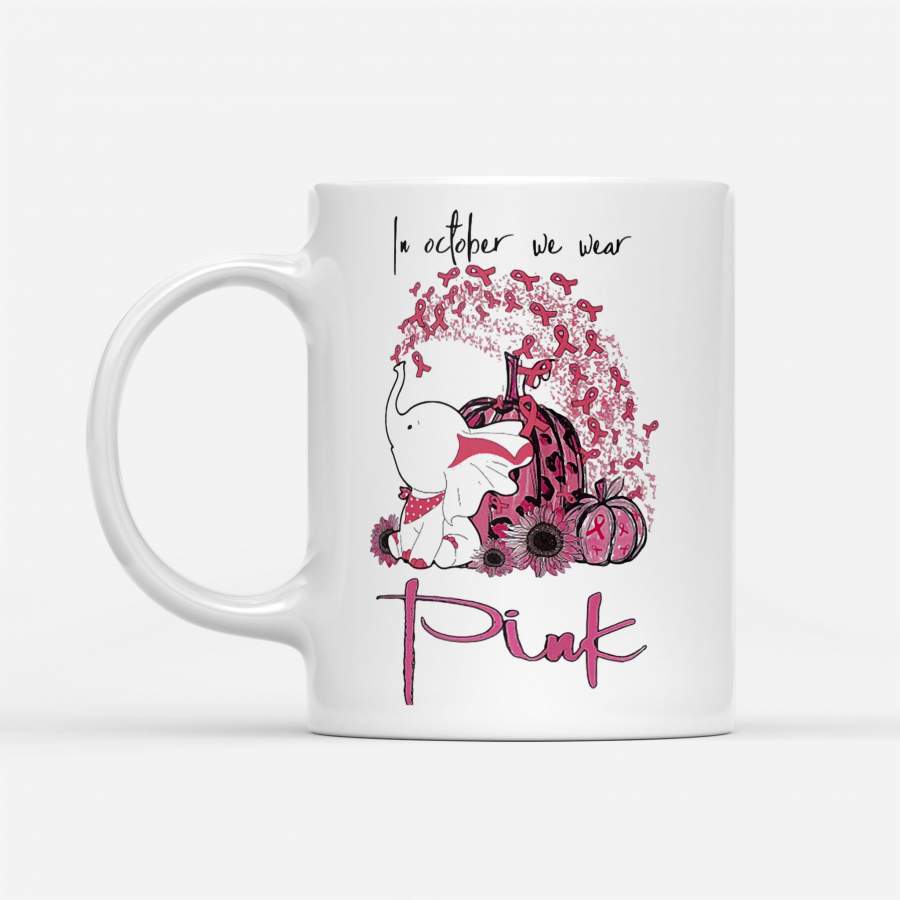 In October We Wear Pink Elephant Pumpkin Breast Cancer Awareness – White Mug