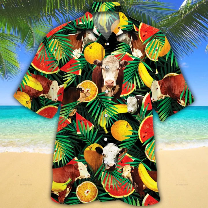 Cow Hawaii Shirt For Women Hereford Cattle Lovers Tropical Fruits Hawaii Ha37954