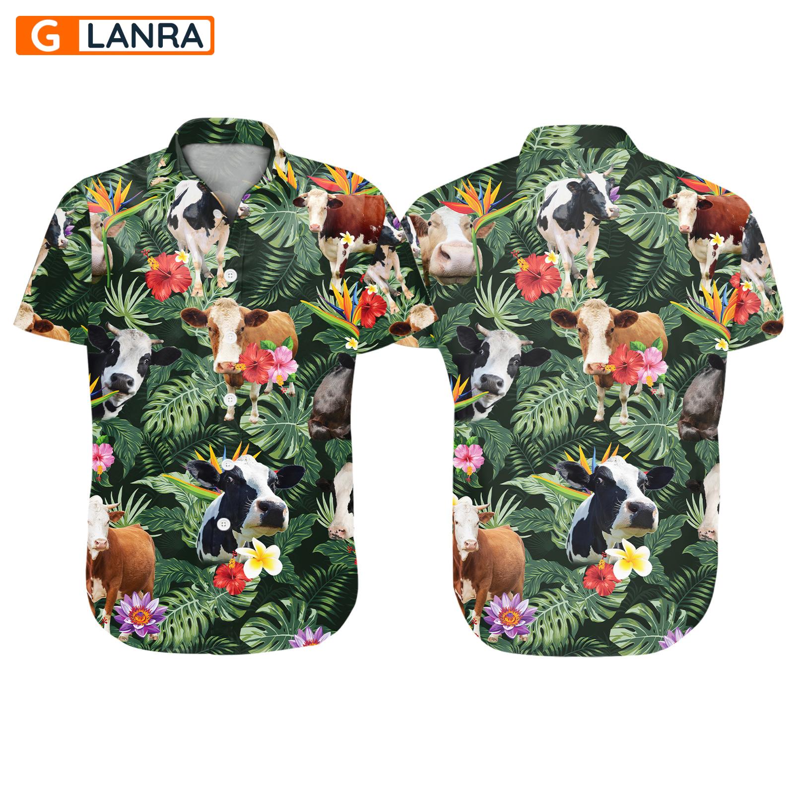 Cow Tropical Leaves Flower Button Shirt, Cow Cattle Button Shirt, Cow Farm Hawaiian Shirt, Funny Cow Leaf Hawaiian Shirt, Summer Tropical Shirt