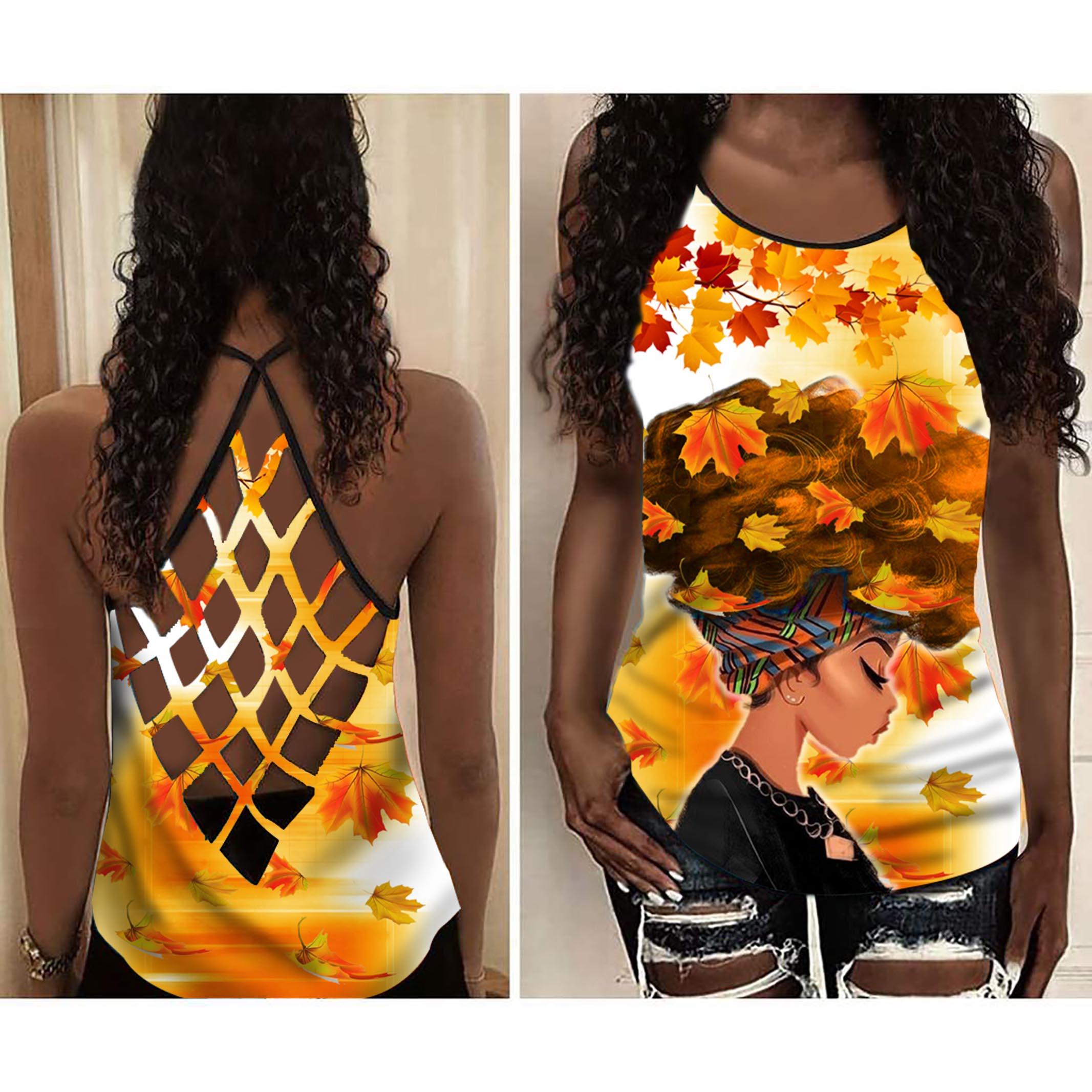 Natural Hair Style Tank Top Black Queen Fall Shirt Women – Autumn Cross Open Back Camisole Tank Gift For Thanksgiving Day