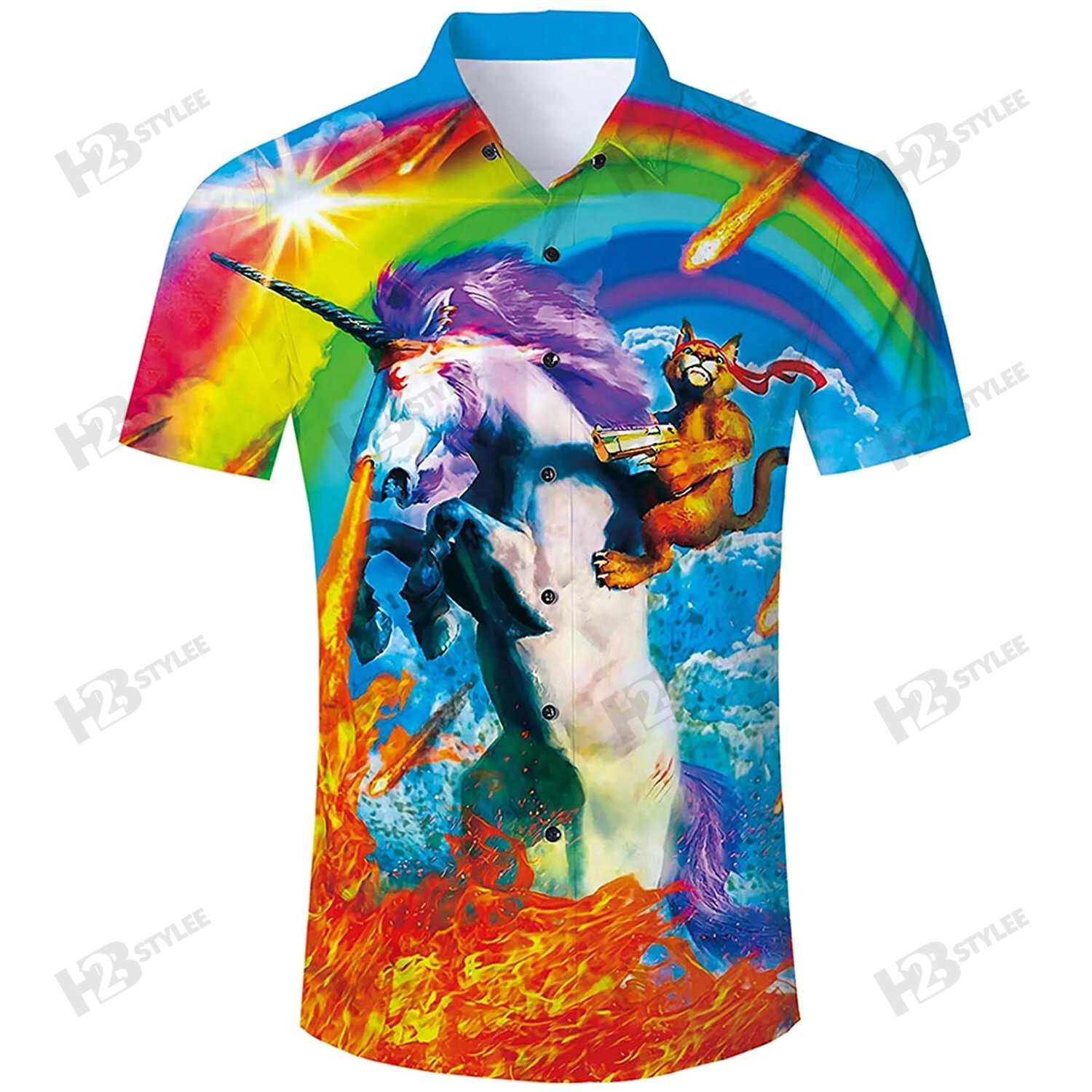 Cat Riding Unicorn Summer Tropical Hawaii Aloha All Over Printed Hawaii Shirt Size S Ha13697