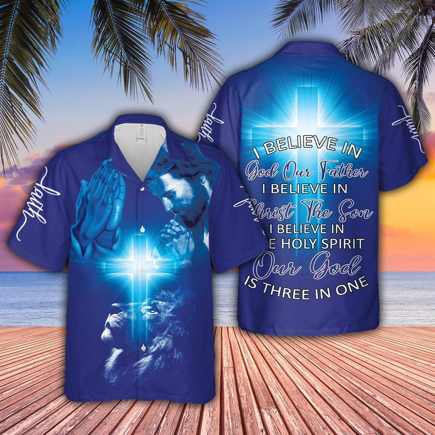 Amazing Jesus I Believe In God Blue Cross Lion Unisex Hawaiian Shirts