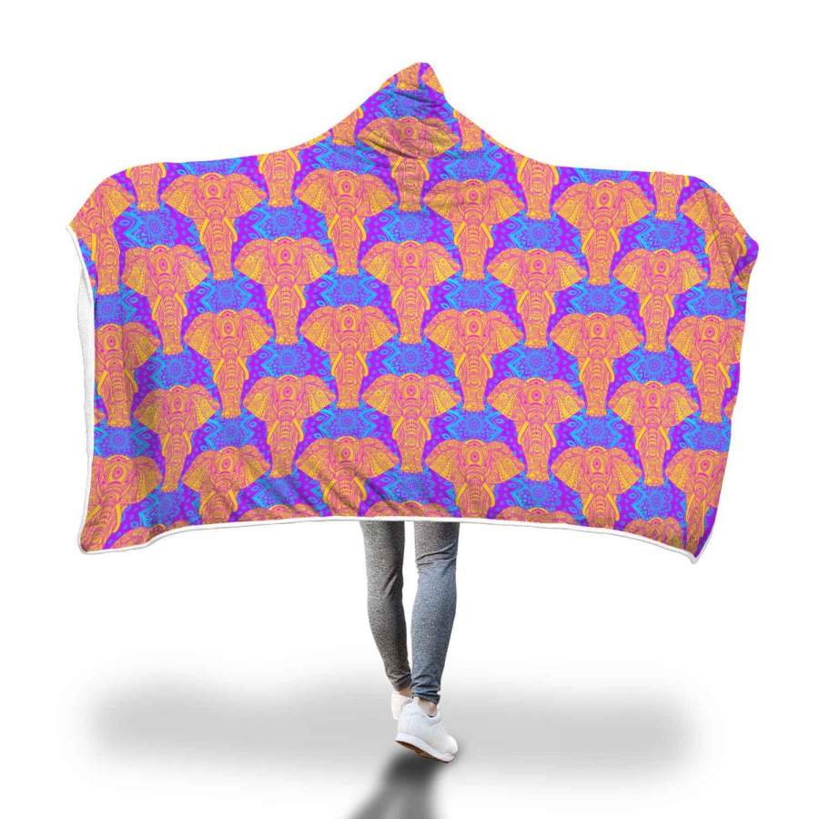 Yellow Elephant Mandala Print Hooded Blanket