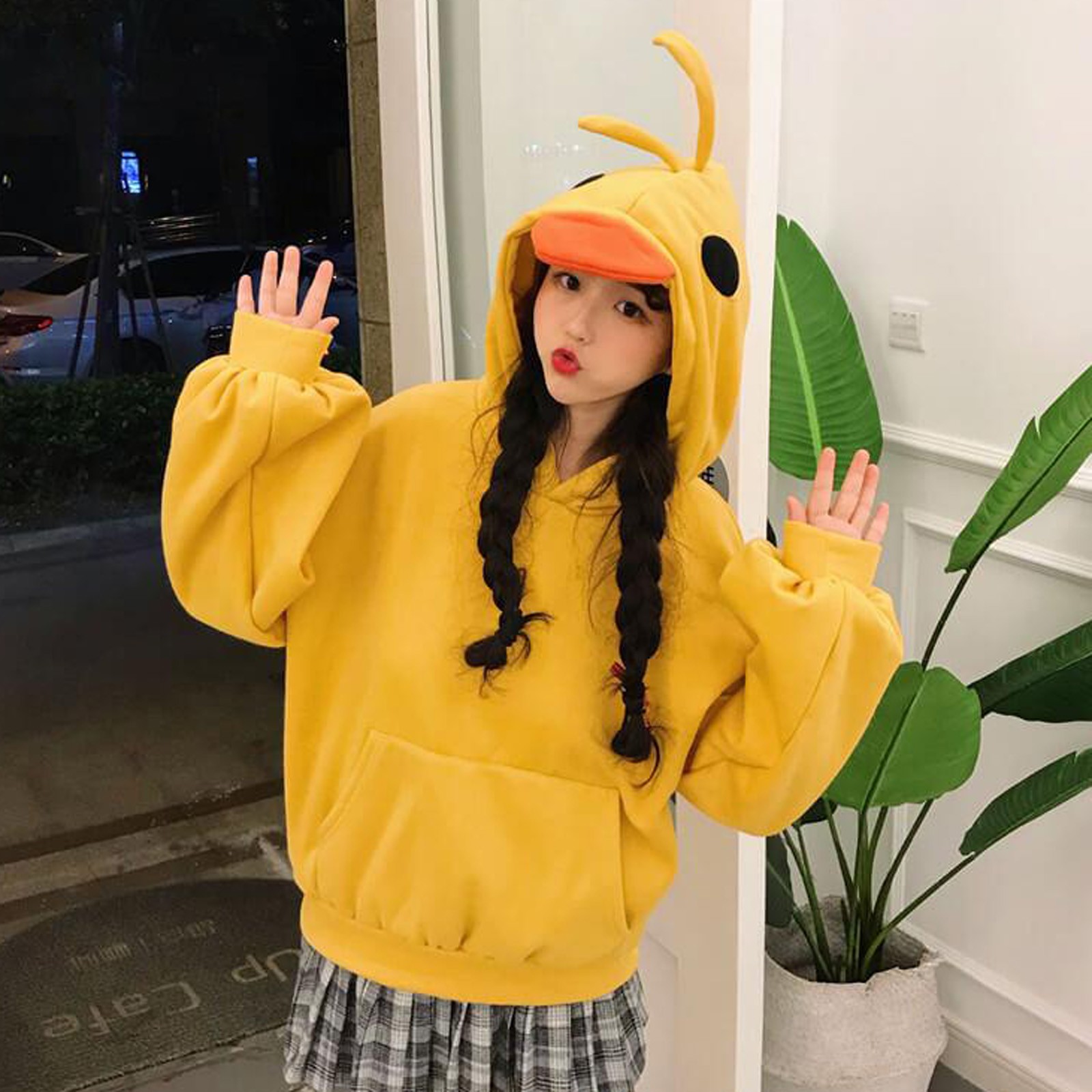 Autumn Winter 2020 Harajuku Sweatshirt Cute Cartoon Graphic Print Ladies Hoodie Ducks Cute Street Hoodies Women Pullover Yellow alx