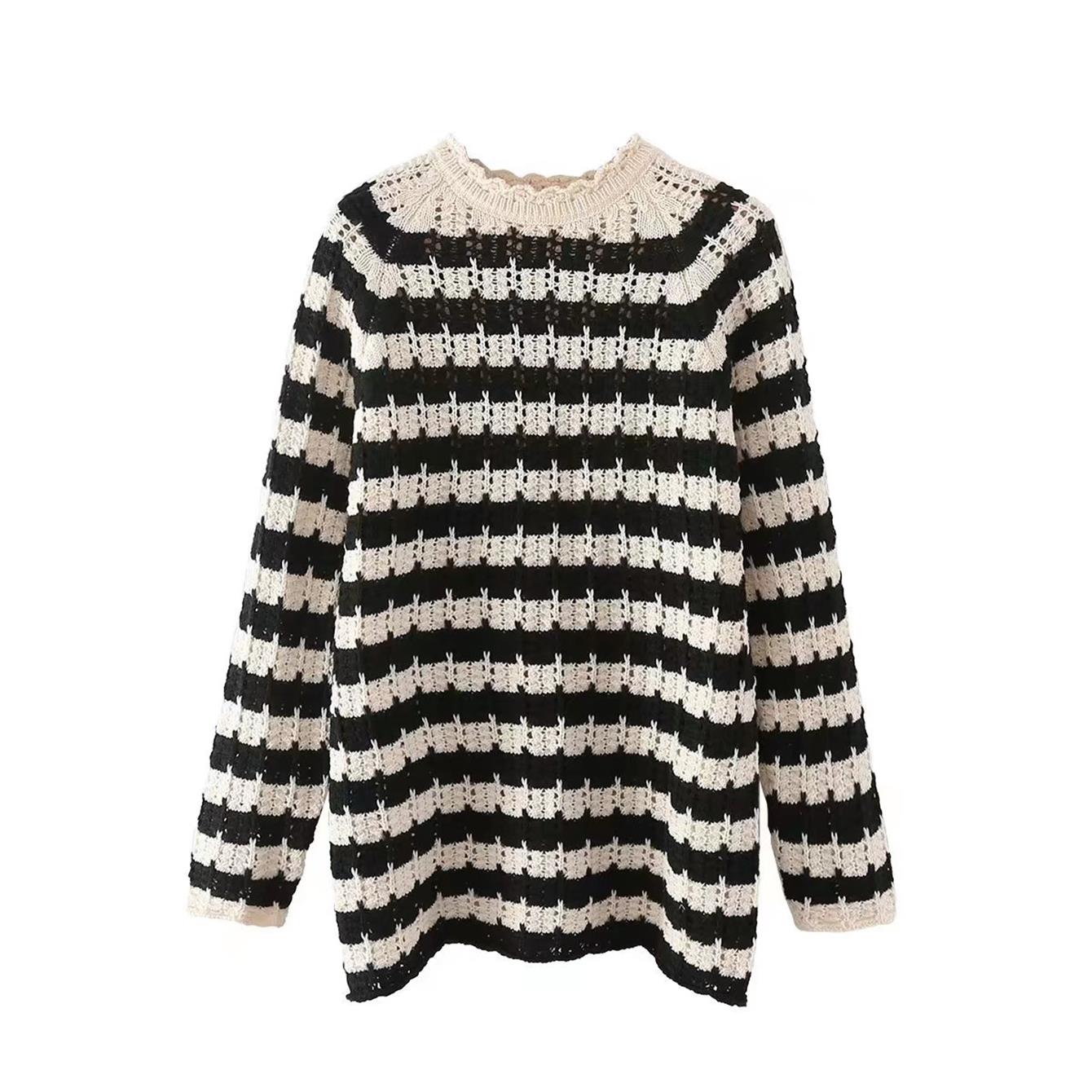 TRAF Soft Women Striped Knitted Sweater 2022 Spring Autumn Harajuku Fashion Cropped Hollow Out Tops O-neck Long Sleeve Sweater alx