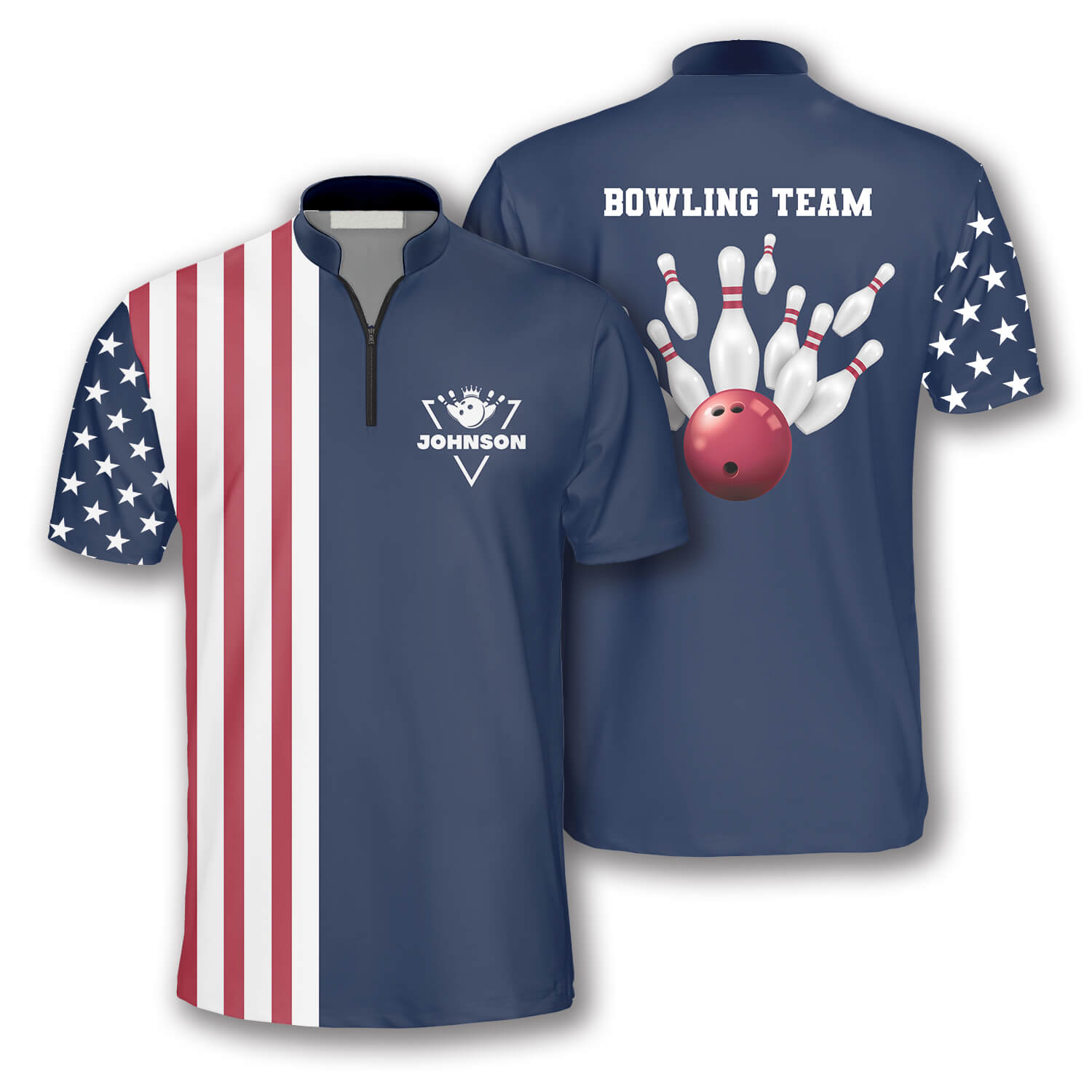 Patriotic American Flag Navy Custom Bowling Jerseys For Men, Best Shirt For Bowler, Flag Bowling Shirt