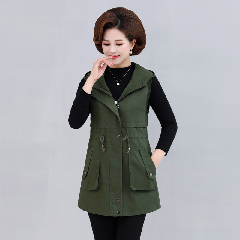 UHYTGF Spring Autumn Vests For Women Mid-Length Hooded Sleeveless Female Jacket Cotton Comfort Loose 5XL Big Size Waistcoat 1471 alx