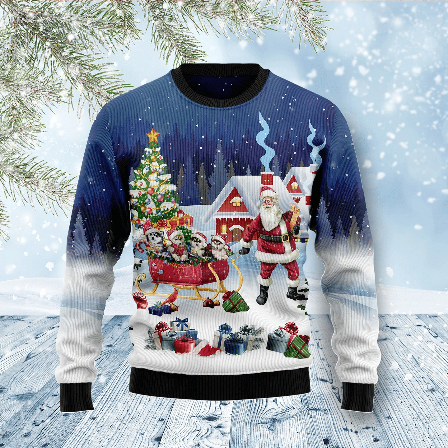 Siberian Husky Santa Sled Christmas Ugly Sweater