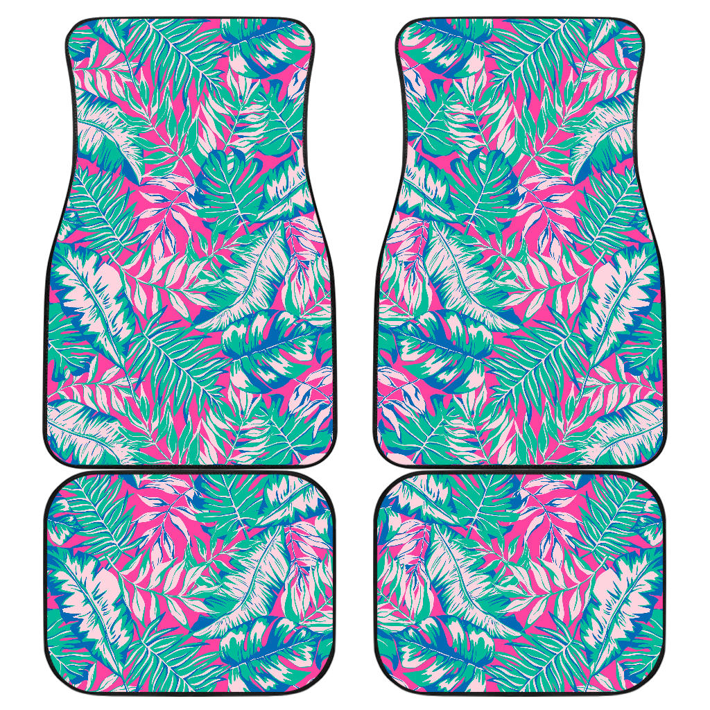 Teal Pink Blossom Tropical Pattern Print Front And Back Car Floor Mats, Front Car Mat