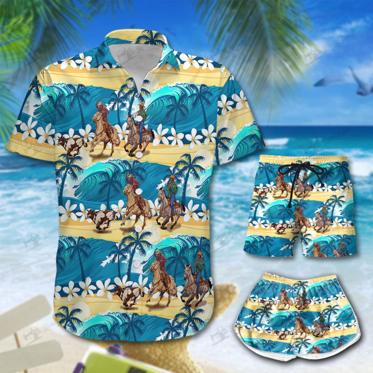 Team Roping Wave Hawaiian Shirt Shorts Ha8373