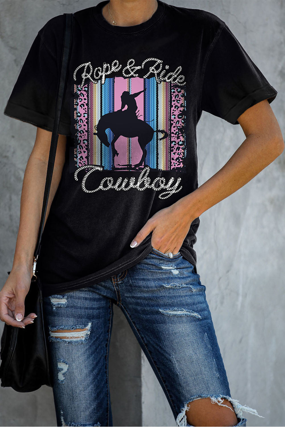 Western Leopard Print Cowboy Letter Print Graphic T-Shirt