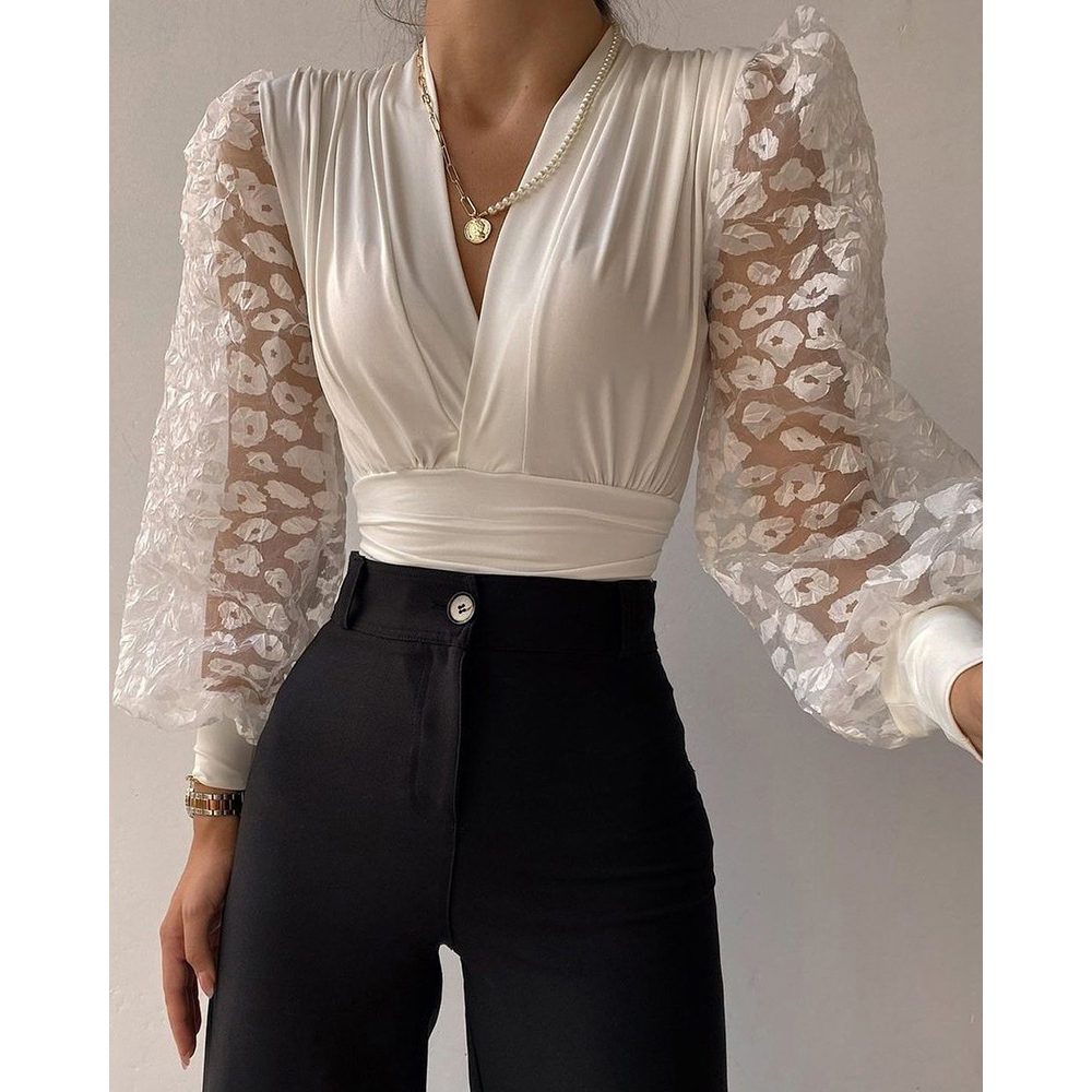 Spring Office Lady Embroidery Flower Lace Patchwork Shirt Women Elegant V Neck Blouses Autumn Long Sleeve Hollow Out Tops 2022 alx