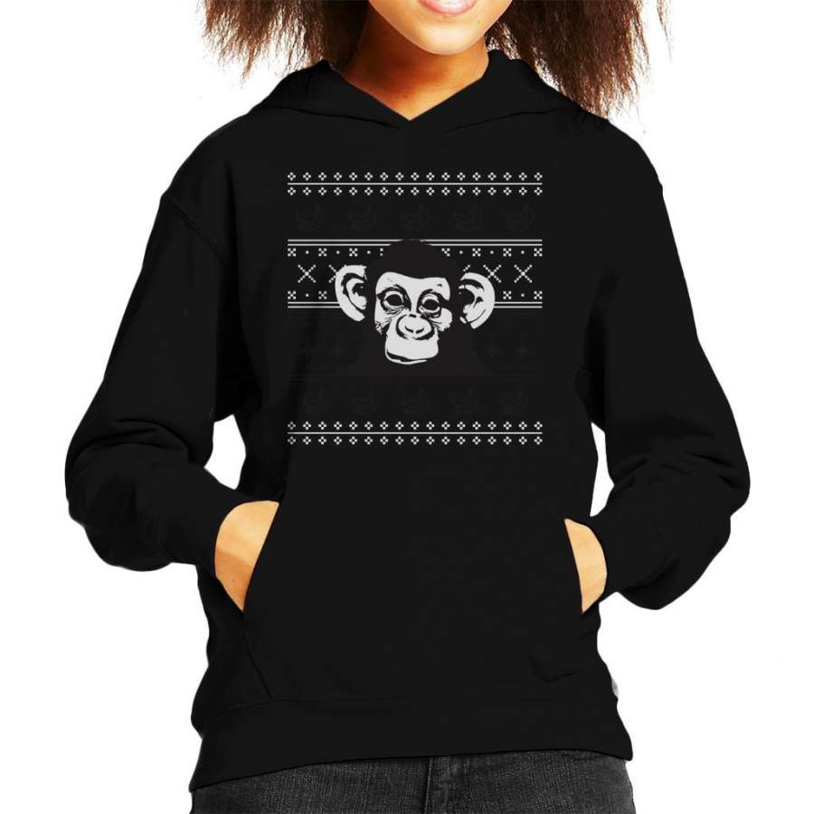 White Chimpanzee Monkey Banana Christmas Knit Kid’s Hooded Sweatshirt