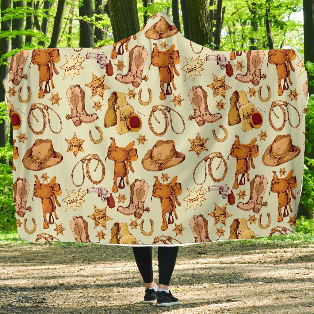 Western Cowboy Design Pattern Hooded Blanket