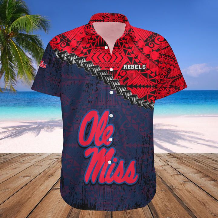 NCCA Ole Miss Rebels Red Blue Grunge Polynesian Hawaiian Shirt