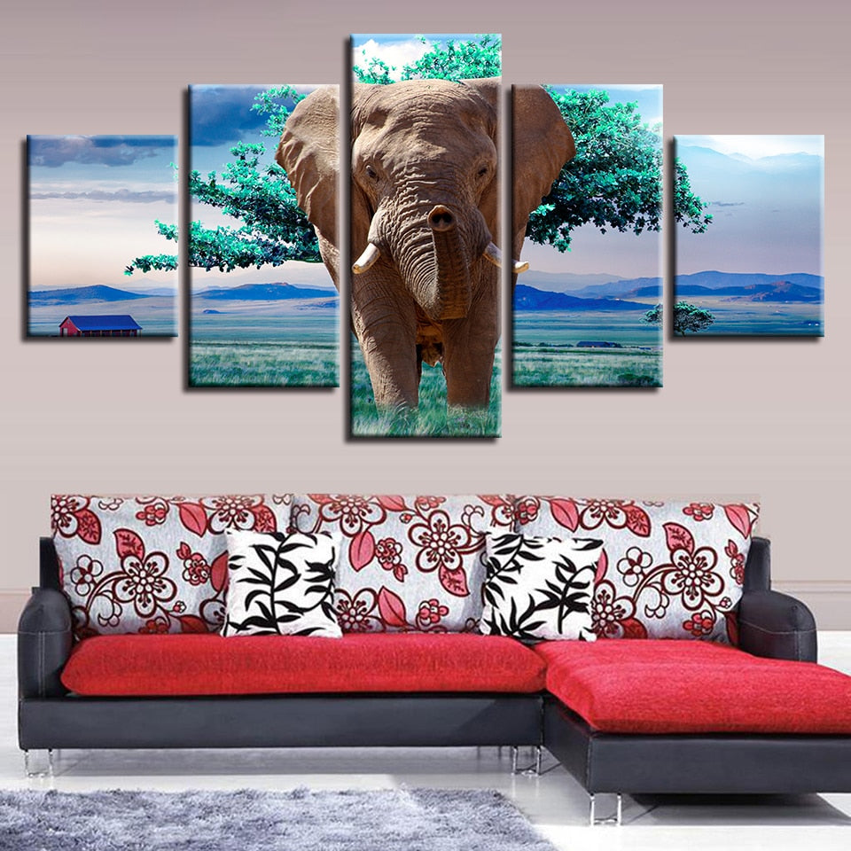 Elephants And Green Trees 5 Piece Hd Multi Panel Canvas Wall Art Frame