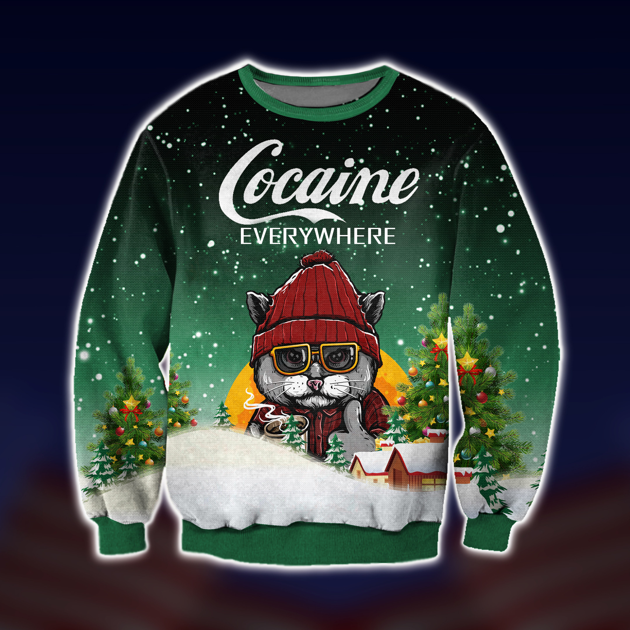 Black Cat Cocaine Everywhere Ugly Christmas Sweater