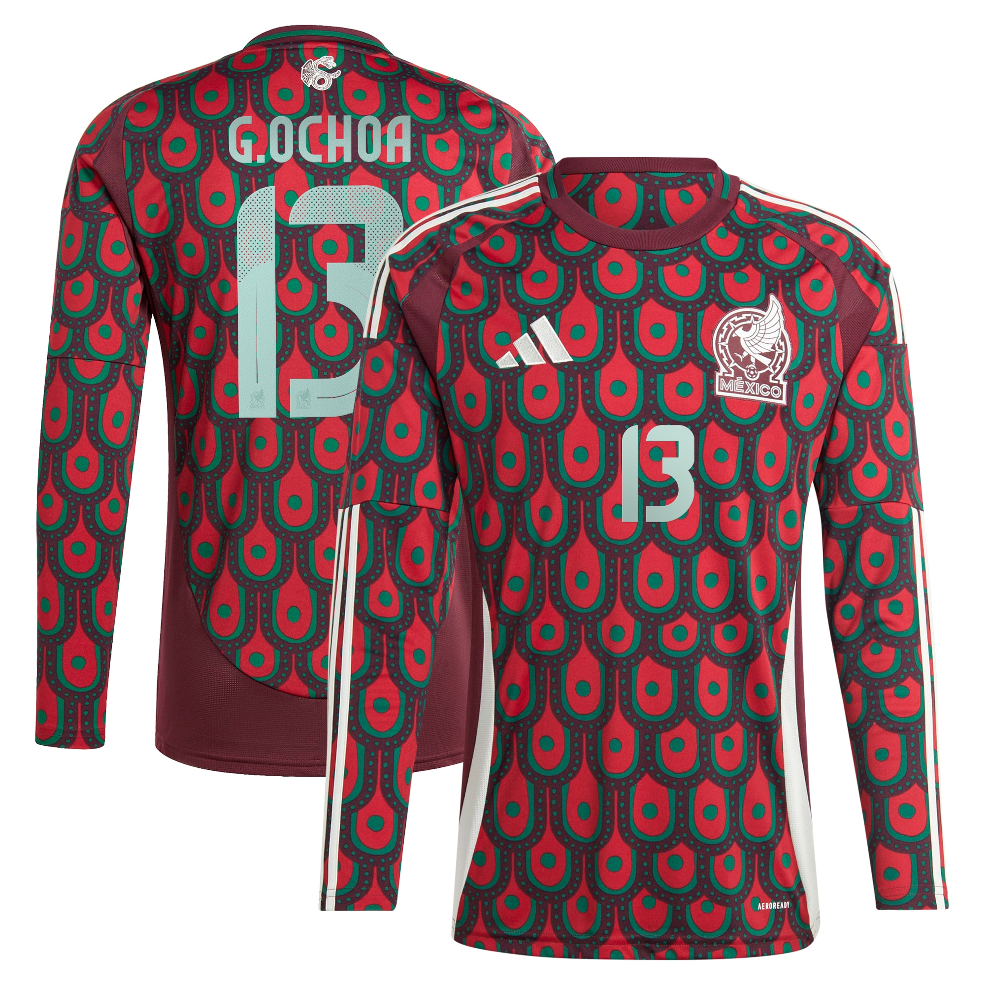 Guillermo Ochoa Mexico National Team 2024 Home Replica Player Long Sleeve Jersey – Burgundy