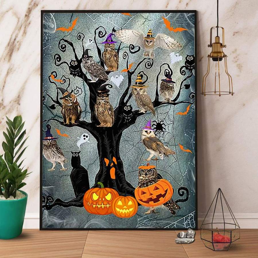 Halloween owl witch paper poster no frame/ wrapped canvas wall decor full size