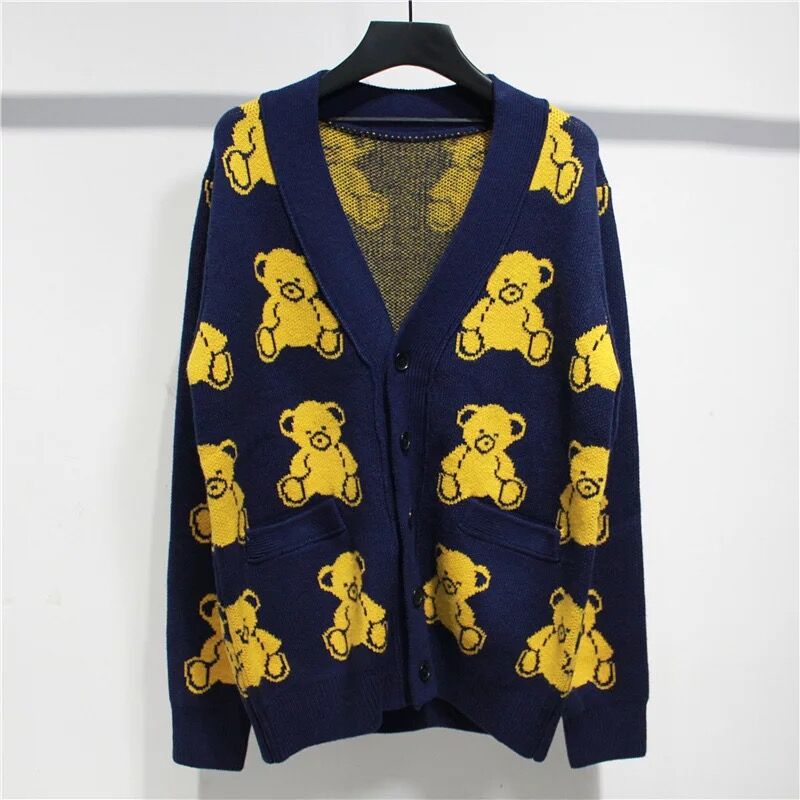 2022 Autumn New Knit Female Cardigan Loose Streetwear Knit Sweater Coat Cute Cartoon Bear Print knitted cardigan Women Men Jacke alx